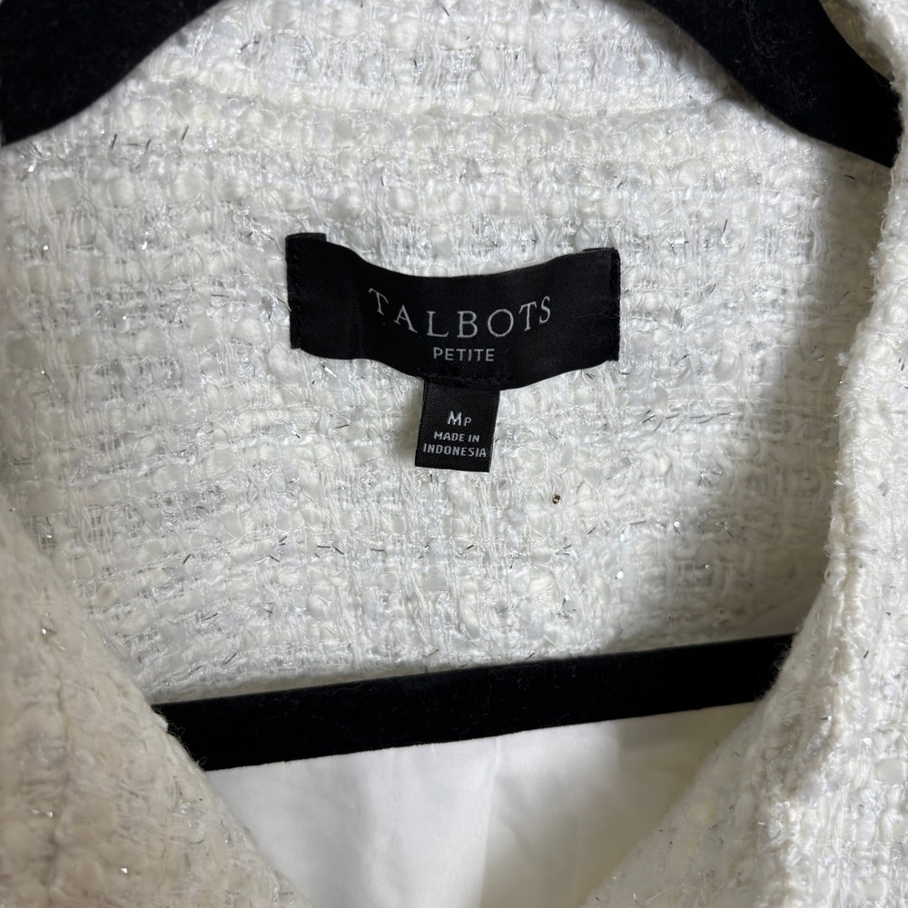 Talbots Petite Metallic Boucle Crop Silver Button Tweed Bomber Jacket Womens MP - Picture 8 of 9